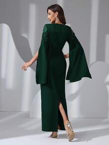 Elegant Round Neck Arabic Style Long Dress, Beaded Decor, Slit Sleeves And Zipper Details, Suitable For Formal Occasions Spring - Dark Green - View 3