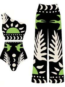 New Arrival Fashionable Sexy 3 PiecesSwimsuit Set For Women, Mesh Print Bottoms - Black Background With Green - View 1