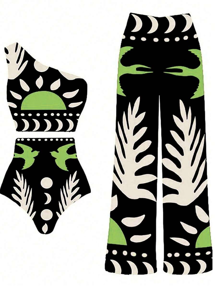 New Arrival Fashionable Sexy 3 PiecesSwimsuit Set For Women, Mesh Print Bottoms - Black Background With Green - View 1