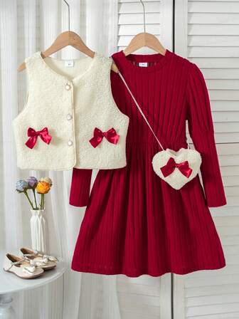 2pcs Girls Casual Outfit Set - Sleeveless Top With Bow Decor And Long Sleeve Knee-Length Dress, Fashion Suit For Spring, Autumn & Winter