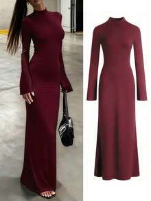 Women's Elegant Stand Collar Floor-Length Dress | Mermaid Hem Bell Sleeves Slim-Fit Casual Outfit | Suitable For Commute, Date, Gathering, Banquet, - Burgundy - View 3