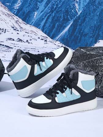 Dammode med höga sneakers i lapptäcke, varma vinterkängor i fleece, klassisk färgställning, lämplig för stadspendling, lätt, mjuk sula, halkfri, collegestil, oumbärlig julklapp