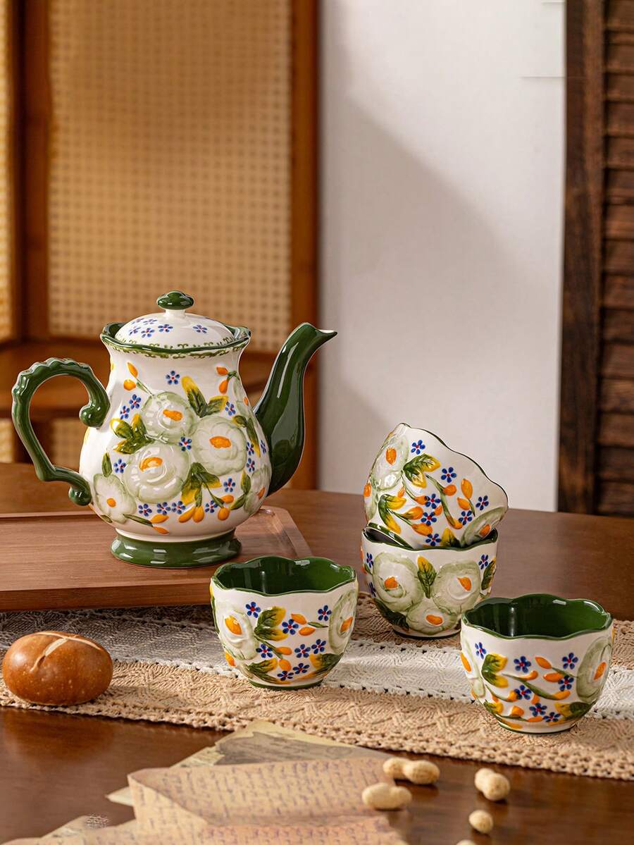 1pc/2pcs/4pcs Vintage Polish Jasmine Ceramic Tea Set, French Retro Embossed Hand-Painted Large Capacity Teapot & Cups, Suitable For Arabic Coffee, Milk Pot, Tea Pot, New Year, Daily Gathering, Party Hosting, Ideal Gift For Friends