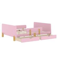 FULL SIZE TODDLER BED WITH STORAGE DRAWERS, SOLID WOOD TODDLER BED FRAME WITH BED GUARDRAIL, SMALL SHELF & HOOKS, NO BOX SPRING NEEDED, PINK - 粉色 - 查看 8