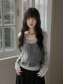 2件套韩式荷叶边波点吊带T恤，修身百搭 - 灰色 - 查看 1