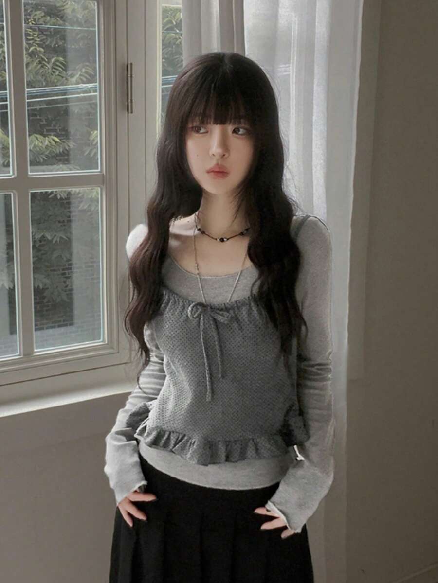 2件套韩式荷叶边波点吊带T恤，修身百搭 - 灰色 - 查看 1