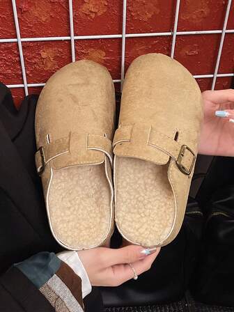 Zapatillas de mujer con suela gruesa y fácil de poner, con suela blanda, forradas de felpa, cómodas, de punta redonda, de unicolor con hebilla, para usar en el dormitorio/exterior, para otoño/invierno