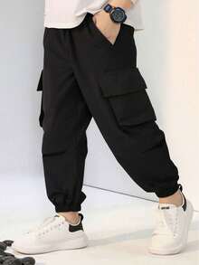 1 条男童时尚宽松休闲多口袋工装裤，适合日常穿着 - 黑色 - 查看 3