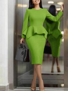 优雅通勤办公日常穿着舒适修身连衣裙，剪裁合身，比例协调，适合职场穿着。不规则荷叶领长袖纯色优雅休闲编织荷叶边下摆中长连衣裙，适合职场、休闲办公、秋季穿着。 - 淡綠 - 查看 2