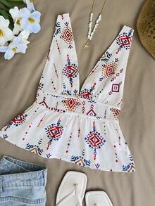 Blouse de style bohème sans dos, col en V profond imprimé avec cordon de serrage, décontractée pour les vacances, pour femmes, printemps/été - Beige - Voir 1