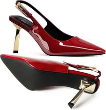 Heelchic Slingback Heels For Women Kitten Heel Pointed Toe Heels Closed Toe Pumps Stiletto Dress Shoes BuckleChristmas - 紅色 - 查看 3