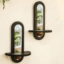 波西米亚风壁挂式装饰镜，实木镜面带置物架，适用于卧室、浴室、客厅、厨房墙面装饰 - 黑色 - 查看 2