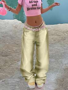 Roupas femininas de outono, jeans verde retrô americano, novo, cintura média, reto, solto, perna larga, calça casual de rua - Verde de Exercício - Ver 2