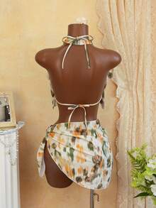 Women's Summer Random Print Halter Neck Top, Side Tie Pants, Layered Ruffle Crop Top & Mini Skirt 4-Piece Swimsuit Set - Multicolor - View 6