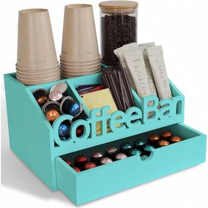 Wooden Coffee Bar Organizer For Countertop Functional Coffee Station With Black Drawer And Tea  Storage Rack Compact Coffee Pod Holder For Efficient Home And Office Counter Organization In Turquoise Finish