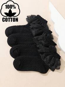4 đôi tất cổ ngắn bằng vải cotton màu trơn phối ren lưới viền bèo nhún cho bé gái - màu đen - Xem 4