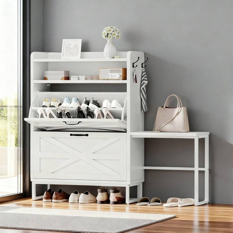 Zapatero estrecho | Estilo rústico con 2 cajones abatibles | Capacidad para 16 pares de zapatos | Organizador de zapatos estrecho para entrada, pasillo y sala de estar (Blanco) - Blanco - Ver 1