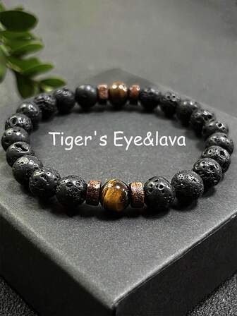 YAUKIA 1pc Yellow Tiger Eye&Volcanic Stone Natural Stone Beaded Bracelet Symbol Of Protection, Wealth Retro Style Men's Bracelet
