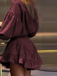 Women's Elegant Ruffle Hem Mini Skirt 2 Pieces Set, Solid Color, Elegant Spring - Burgundy - View 3