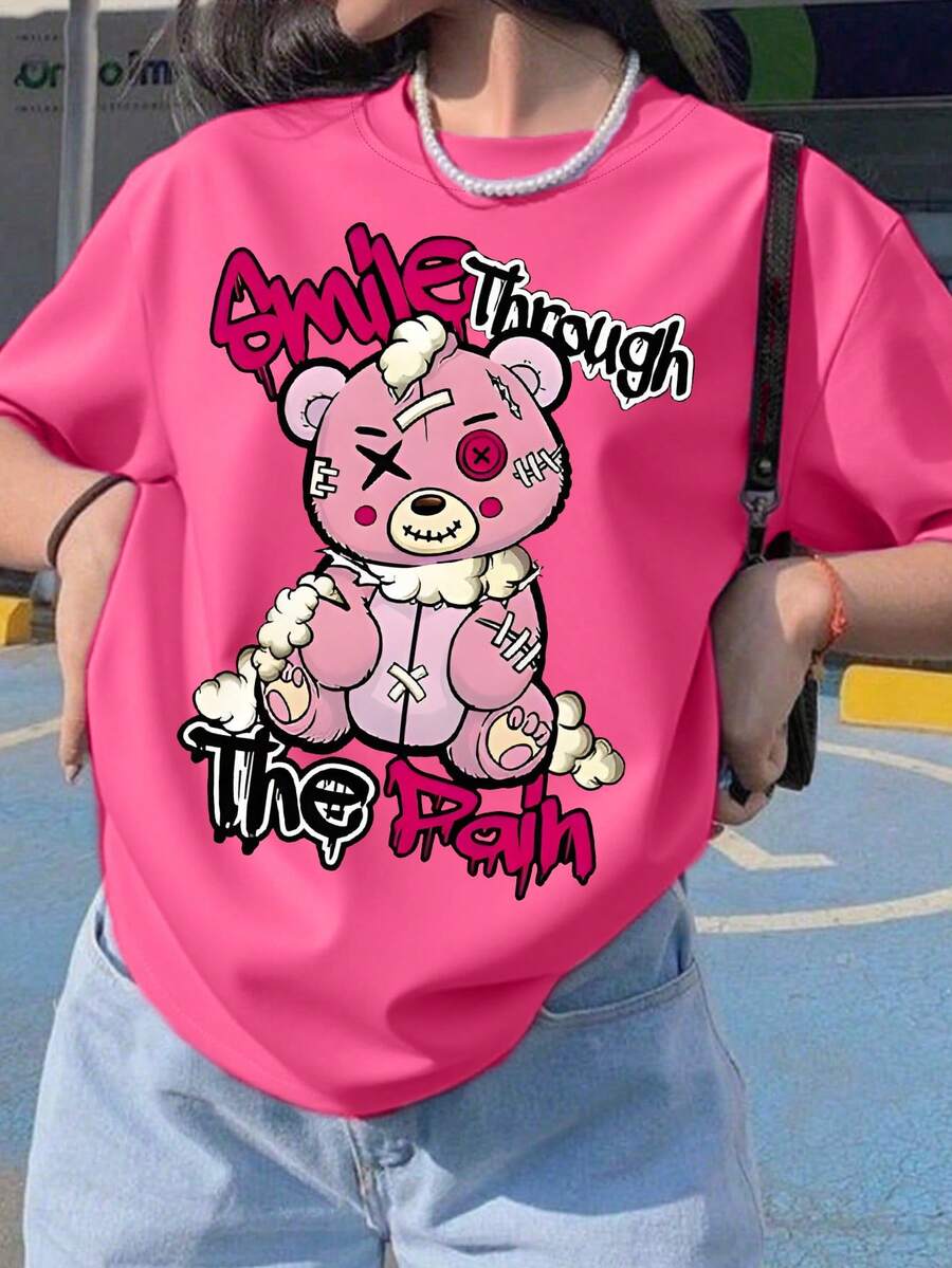 1PC Girls Cool Ripped Bear Print Short Sleeve T - Shirt, Soft Skin - Friendly Fabric, Daily Casual Summer Style - Hot Pink - View 1