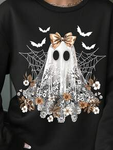 Cute Lace Ghost Halloween "Boo" Lace Bow Graphic T-Shirt, Casual Crew Neck Long Sleeve High-Quality Fleece Sweatshirt, Nightmare Before Christmas Fall Clothes For Women - Black - View 2