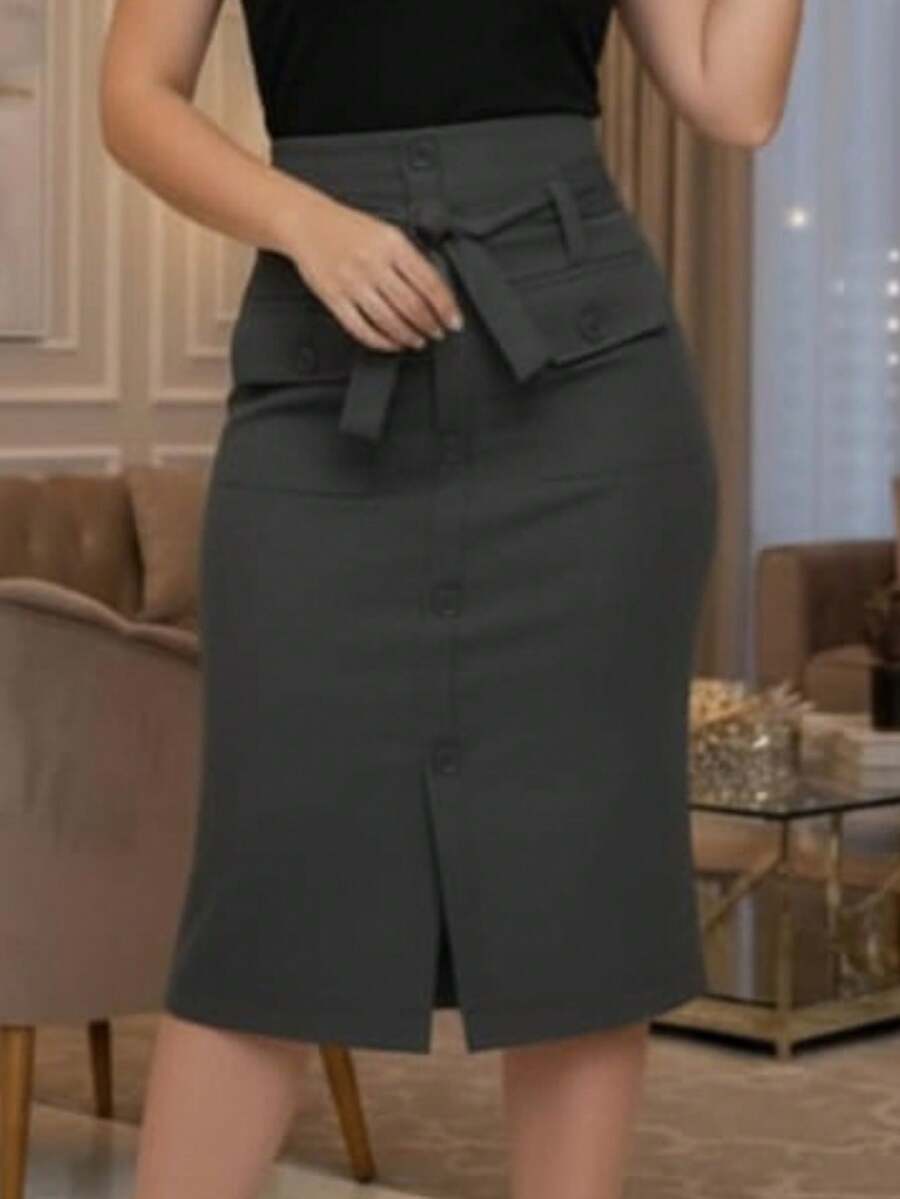 Evangelical Midi A-Line Skirt With High Waist In Bengaline Fabric, Belt, Side Pockets, Front Slit, Christian Executive Fashion - 灰色 - 查看 1