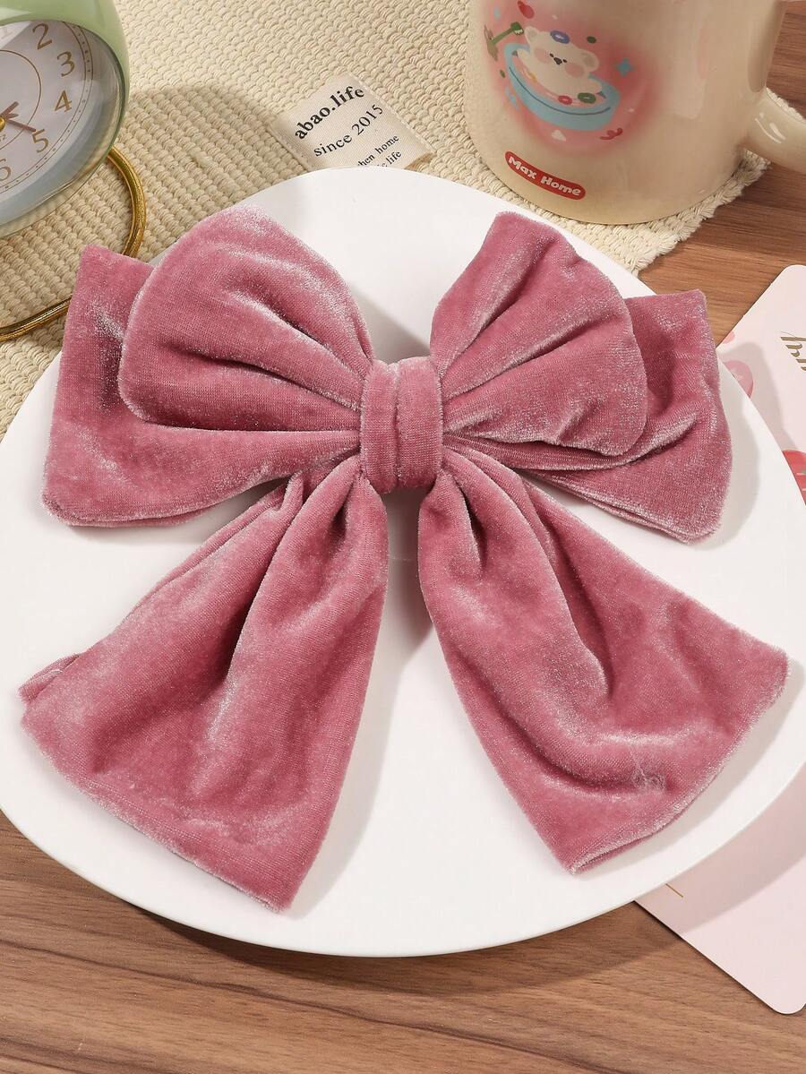 1件秋冬款柔软绒毛灯芯绒超大蝴蝶结波浪丝带弹力发夹,优雅公主头饰,爪夹,发夹,发卡,发饰 - 粉色 - 查看 1