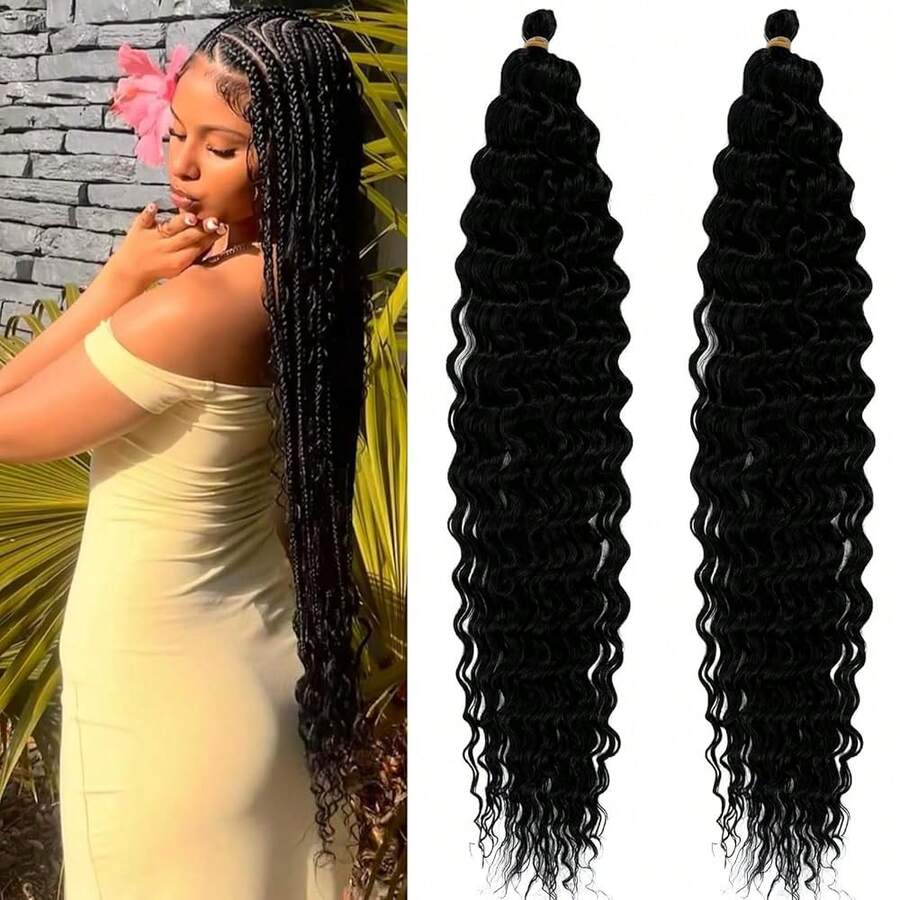 Long Curly Deep Ocean Wave Crochet Hair 1B Black Wavy Braiding Hair Extensions For 30 Inch 2 Packs Black Boho Hair For Braiding Soft Boho Curls For Bohemian Braids,1bBohoHair - 1bBohoHair - View 1