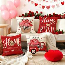 4 Stücke Valentinstag Kissenbezüge, süßes Zuhause Herz Blumen Truck Design, romantische Valentinstag Dekoration, minimalistischer Polyester Stoff mit Reißverschluss einseitig Muster, Kissenfüllungen nicht enthalten, geeignet für Sofa, Bett, Stuhl Dekoration in Schlafzimmer, Wohnzimmer, Bauernhaus, Terrasse - Rot-Weiß - Übersicht 1