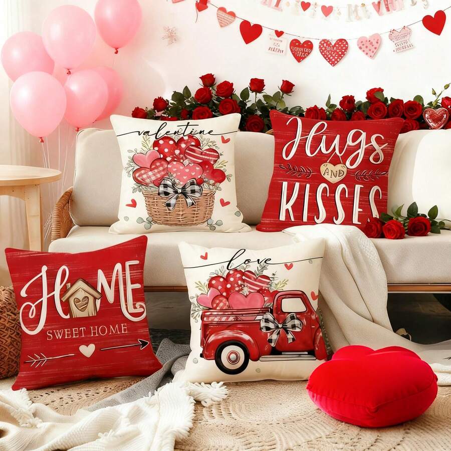 4 Stücke Valentinstag Kissenbezüge, süßes Zuhause Herz Blumen Truck Design, romantische Valentinstag Dekoration, minimalistischer Polyester Stoff mit Reißverschluss einseitig Muster, Kissenfüllungen nicht enthalten, geeignet für Sofa, Bett, Stuhl Dekoration in Schlafzimmer, Wohnzimmer, Bauernhaus, Terrasse - Rot-Weiß - Übersicht 1