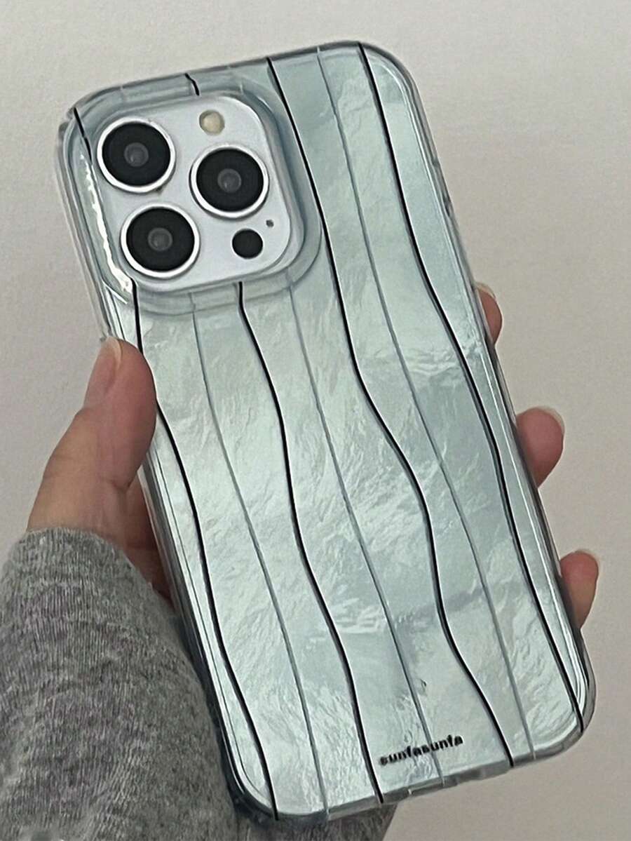 1个极简主义艺术线条冰蓝色箔面纹理手机壳，兼容 17 Pro Max、16、15 Pro、14、13 Pro Max、12/11，防震全包软壳 - 藍色 - 查看 1