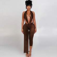 Women Deep V Neck Sleeveless Backless Bodycon Capri Jumpsuit Halter Party Club Rompers One Piece Outfits - nâu đỏ - Xem 2