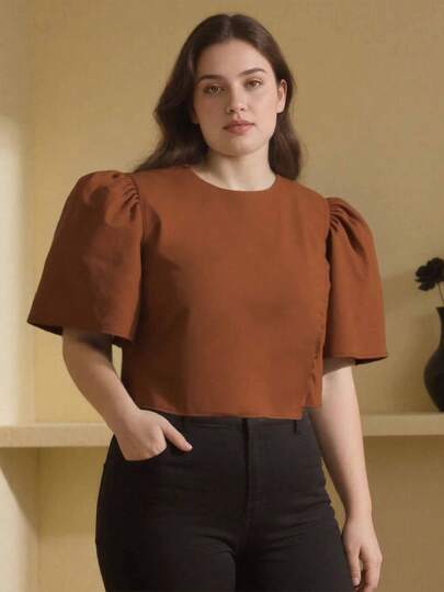 Amyenjoylife 现代菲律宾风衬衫，加大码菲律宾风衬衫，菲律宾风衬衫，女士简约纯色圆领泡泡袖短袖套头衫，感恩节棕色上衣