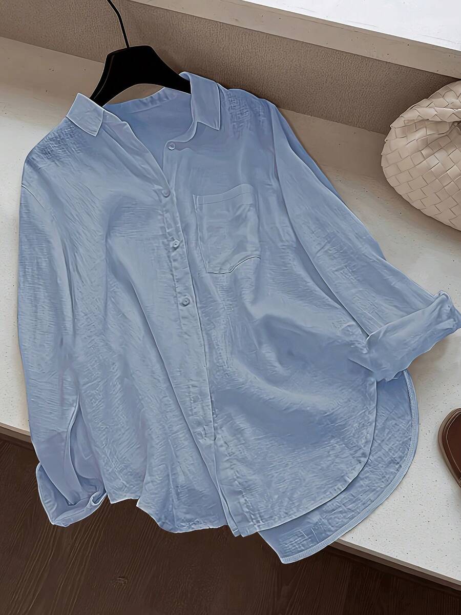 Women's Casual Solid Color Front Button Curved Hem Shirt - Light Wash - View 1
