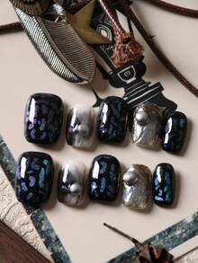 10pcs Acrylic Press On Nails Black Nails Green Purple Cat's Eye Gradient White Halation Nails Press On Nail Supplies Short Nail Fake Nails Artificial Nails Kit Includes 1sheet Adhesive Tabs &1 Pc Mini File - Multicolor - View 1