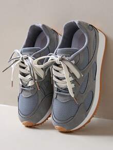 Solid Color Versatile New Women Shoes, Fashion Lace-Up Round Toe, Comfortable Soft Bottom, Casual Sneakers, Fashionable Shoes, Suitable For Daily Wear, Commuting - Grey - View 4