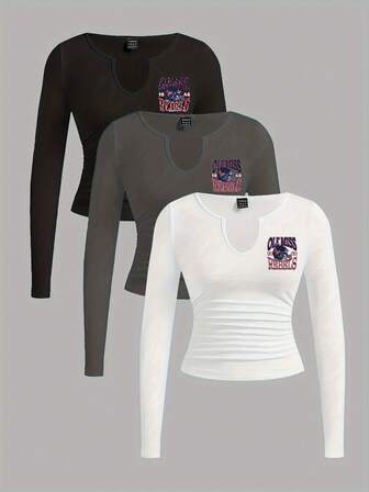 3 Pcs OLE MISS REBELS Women's Cropped Long Sleeve V - Neck T - Shirts, - Black Gray White With Graphic Logo, Ruched Waist Detail, Midriff Revealing Casual Tees For Fanslong Sleeve Tops Women Winter Clothes For Women Long Sleeve Tops - Women's Winter Outfits: Elegant Conjunto De Mujeres + Flowy Top, Blusas & Top Negro