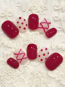 10pcs Pure Handmade Press On Nails Short Nails Oval Nails With A Rich Wine Red As The Main Tone, It Is Paired With A Transparent Nude Pink Base Color. The Nude Pink Base Is Dotted With Wine Red Dots, Which Is Both Playful And Retro. The Wine Red Lines Interweave On The Nude Pink Base, Creating A Neat And Retro Check Pattern. Gentle Elegant Cute Nails For Ladies And Girls Spring Summer Fall Winter Festivals Parties And Daily Life Use - Red and White - View 1