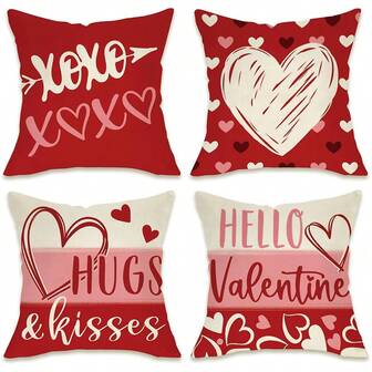 4 fundas de almohada para el Día de San Valentín, diseño de corazones rojos y rosas abrazándose, aniversario romántico, fundas de cojín impresas por un solo lado de poliéster minimalista, adecuadas para la decoración de la sala de estar, el dormitorio, el sofá y la cama, con cierre de cremallera, sin incluir el relleno de la almohada