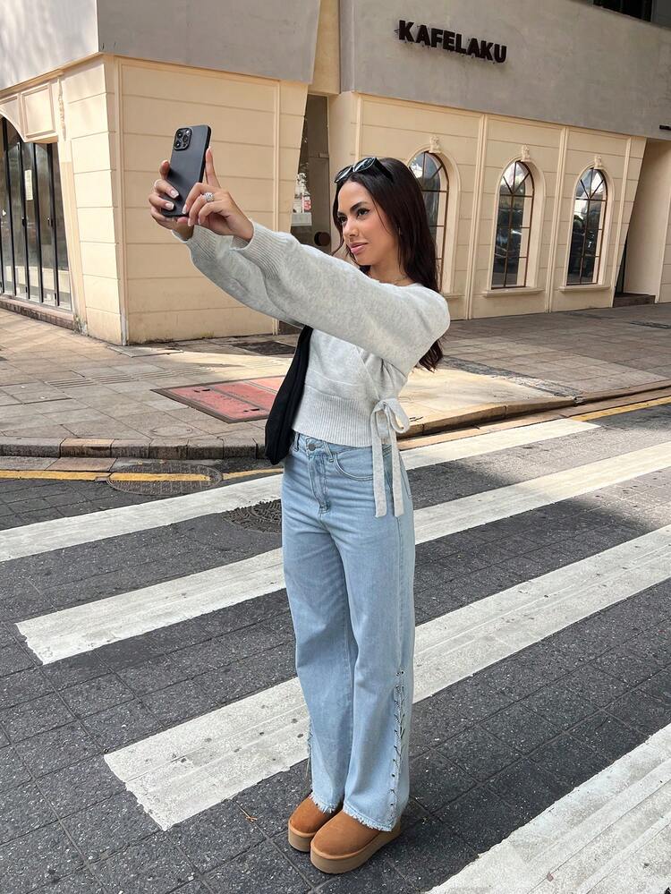 Christmas HoloChill Women Young Influencer Casual Solid Color Waist Tie Bow Pullover Long Sleeve Sweater, 2025 Autumn/Winter New Arrival