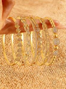 1 pieza/5 piezas Brazalete de cobre con circonita personalizado de moda, diseños diversos, personalizado distintivo, que muestra estilos únicos y sabiduría, regalo perfecto para el día de la madre - Dorado - Ver 2