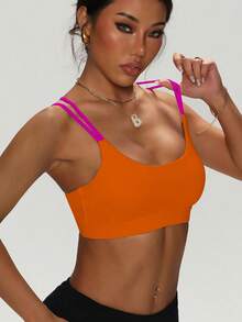 女士纯色圆领交叉可拆卸衬垫时尚针织运动文胸 - 橘色 - 查看 3