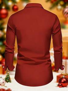 Christmas Theme Red Long Sleeve Shirt With Gold Luxury Christmas Tree Print, Collared Button-Up, Suitable For Christmas Party, Daily Casual Wear, Spring/Autumn - Red - View 2