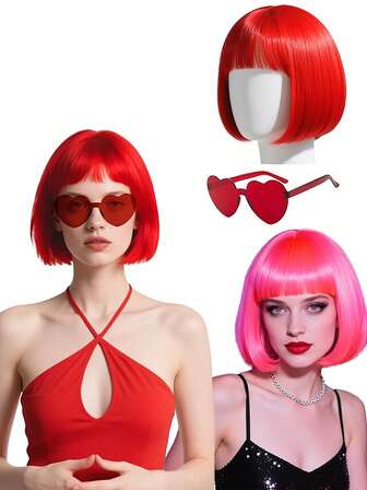 2 PIEZAS Peluca estilo universitario de bob corto, equipada con gafas con forma de corazón y peluca bob corta ondulada de color neón. Es muy adecuada para cosplay femenino, fiestas con tema neón, Navidad, regalos de Año Nuevo, fiestas de baile, despedidas de soltero y otros accesorios de disfraz divertidos y brillantes para estas ocasiones.