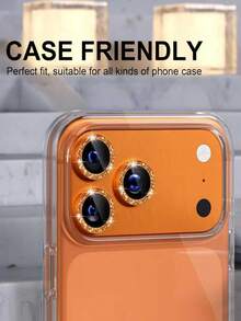 3 piezas Protector de lente de cámara de vidrio templado naranja con purpurina para iPhone 17 Pro/17 Pro Max, anti-caídas, purpurina, protector de pantalla de vidrio templado 9H con anillo de metal, accesorio decorativo - Naranja - Ver 4
