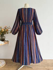 Đầm dáng rộng phong cách Bohemian cổ điển kẻ sọc cổ chữ V thắt eo, đầm thường ngày thanh lịch cho kỳ nghỉ. - Nhiều màu - Xem 3