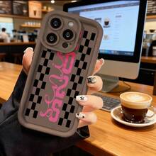 Cubierta de telefono negro con estampado de cuadros y texto rosa 2025 para mujer estilo deportivo elegante para uso diario y trabajoCompatible with  16 Pro Max/16 Plus/16 Pro/16/15 Pro Max/15 Plus/15 Pro/15/14 Pro Max/14 Plus/14 Pro/14/13 Pro Max/13 Pro/13/12 Pro Max/12 Pro/12/11 Pro Max/11 Pro/11/XS Max/XR/X/7 Plus/7 TPU Drop-Proof and Stain-Resistant Protective Soft Case - Blanco - Ver 5