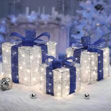 Quntis Set Of 3 Christmas Lighted Gift Boxes 140 LEDs Plug-In Christmas Decorations With 8 Modes And Timer Function Blue Lighted Up Boxes For Home Yard Holiday Party Indoor Outdoor - Blue - View 1