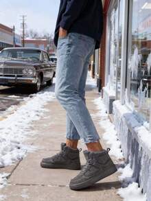 Men's Classic High-Top Padded Boots, Warm Winter Boots, Versatile Casual Shoes, Lace-Up Round Toe Comfortable Skate Shoes - xám - Xem 2