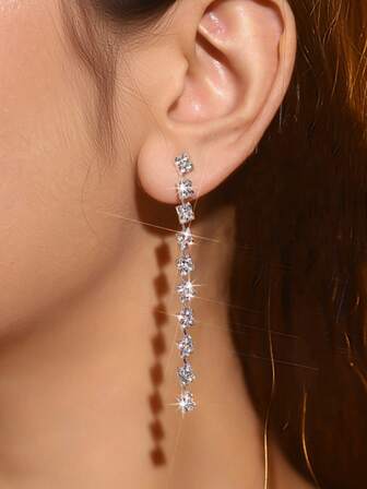 Sparkling Geometric Square Tassel Earrings, Luxury Rhinestone Tassel Dangle Earrings, Glamorous Party Style Long Tassel Earrings Suitable For Evening Wear